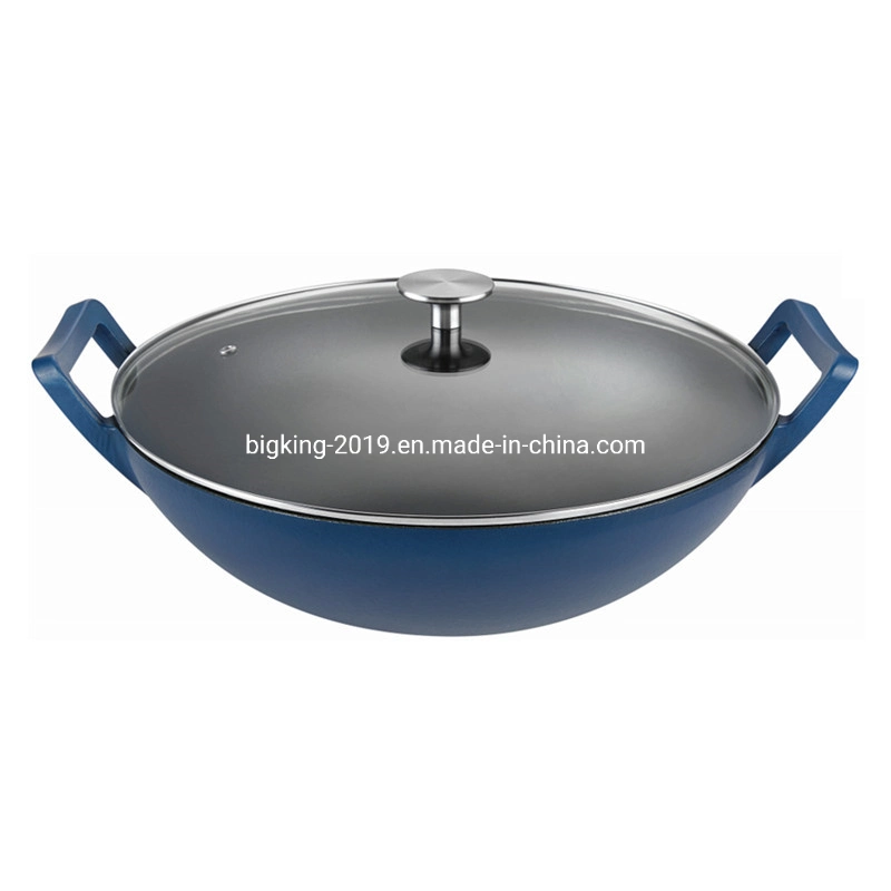 Hot Sale 32/34/36 Cm Pre-Seasoned Cast Iron Wok with Wooden or Glass Lid