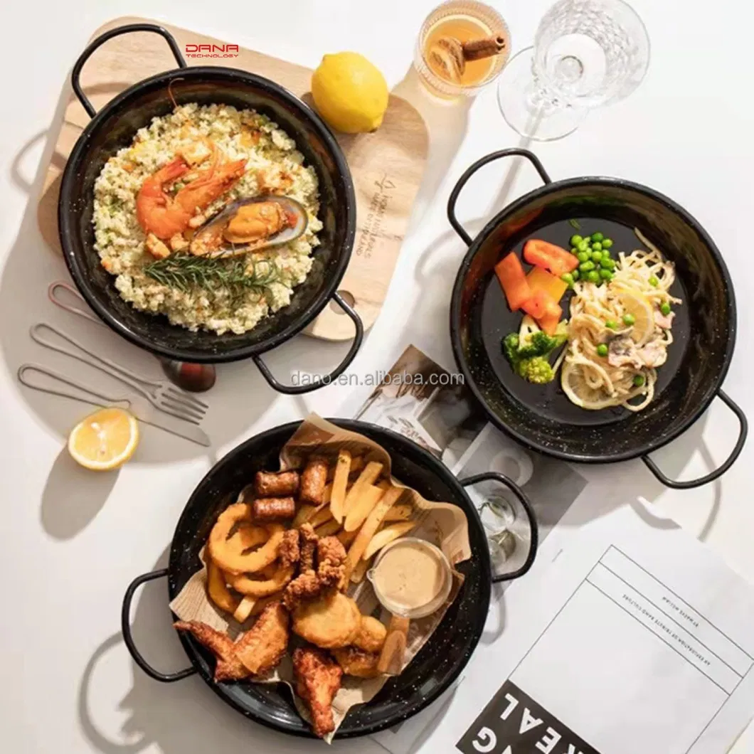 Shallow Type Enamel Paella Pan Seafood Cooking Pan with Black and White DOT