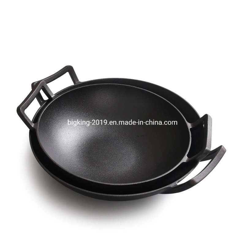 Hot Sale 32/34/36 Cm Pre-Seasoned Cast Iron Wok with Wooden or Glass Lid