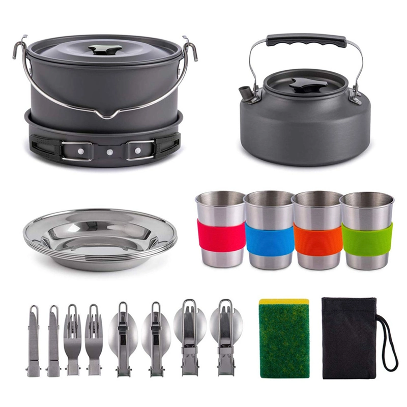 Hot Sale Travel Accessories Kettle Big Pot Non-Stick Pan Folding Cutlery Water Cup Camping Hard Anodized Aluminum Cookware Set