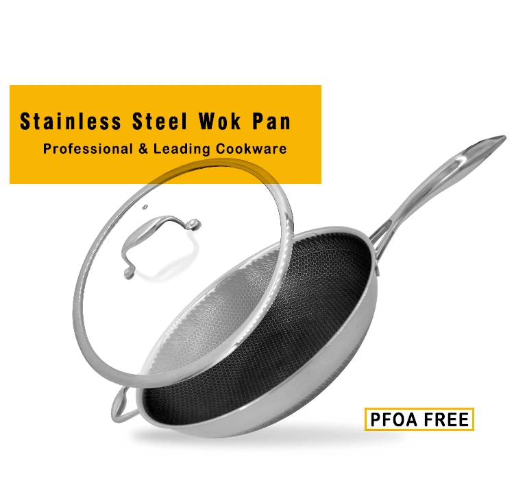 Honeycomb Non Stick Kitchenware Wok Pan 3 Ply Stainless Steel Wok