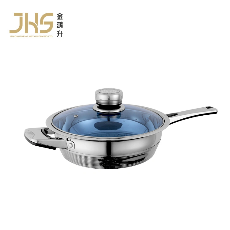 24cm Stainless Steel Frying Pan Tempered Glass Lid Deep Frypan with Bakelite Handle for Induction Cooker and Stoves Hotel