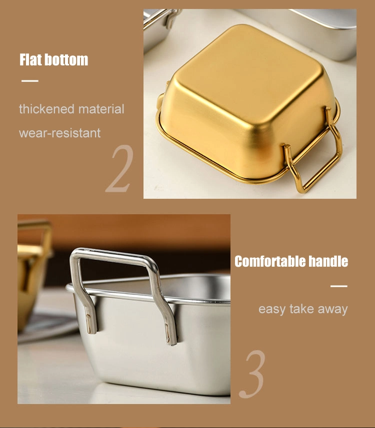 Wholesale 18/8 304 Stainless Steel Korean Golden Snack Square Plate French Fries Basket Dessert Plate with Double Handles Tray