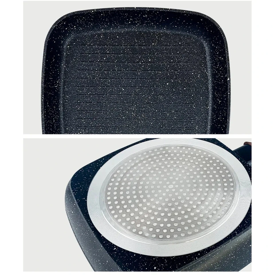 Factory Wholesale OEM 24/28cm Forged Aluminum Nonstick Marble Coating Square Grill Pan Fry Pan Wooden Handle Granite Griddle Frying Pans