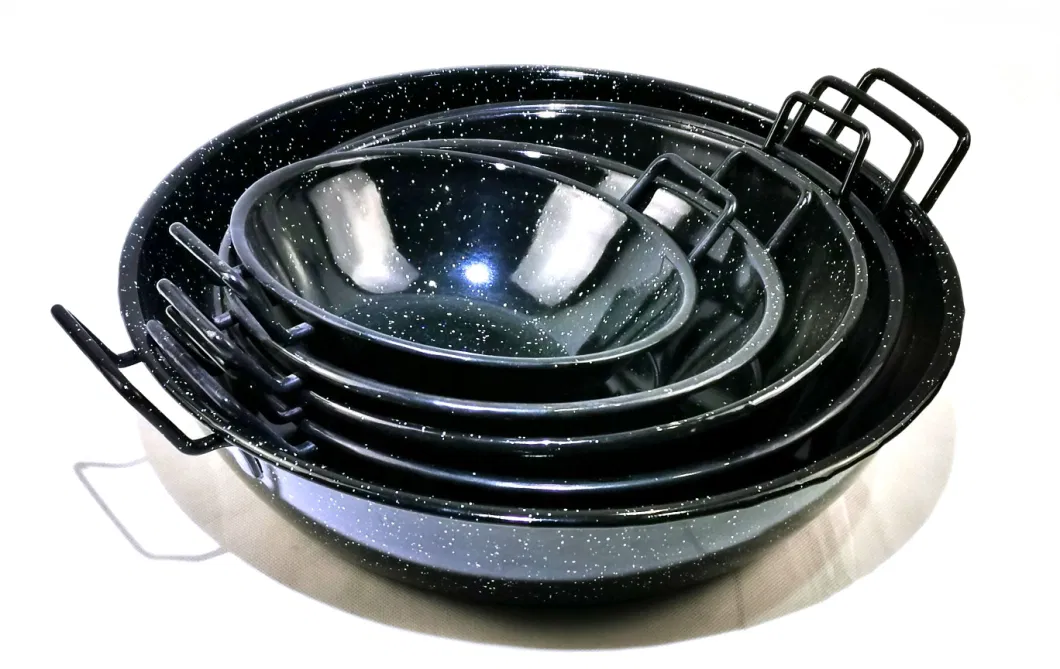 Hot Sale Nonstick Fry Pan Black Color with Two Handles Enamel Deep Paella Pan Carbon Steel Round Enameled on Steel
