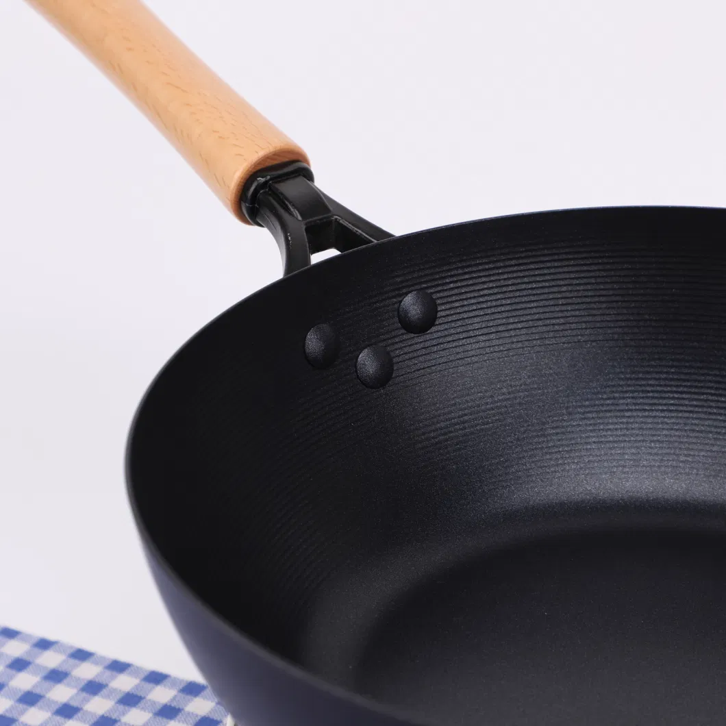 Stock Nonstick Chinese Carbon Steel Wok Pan with Wooden Handle