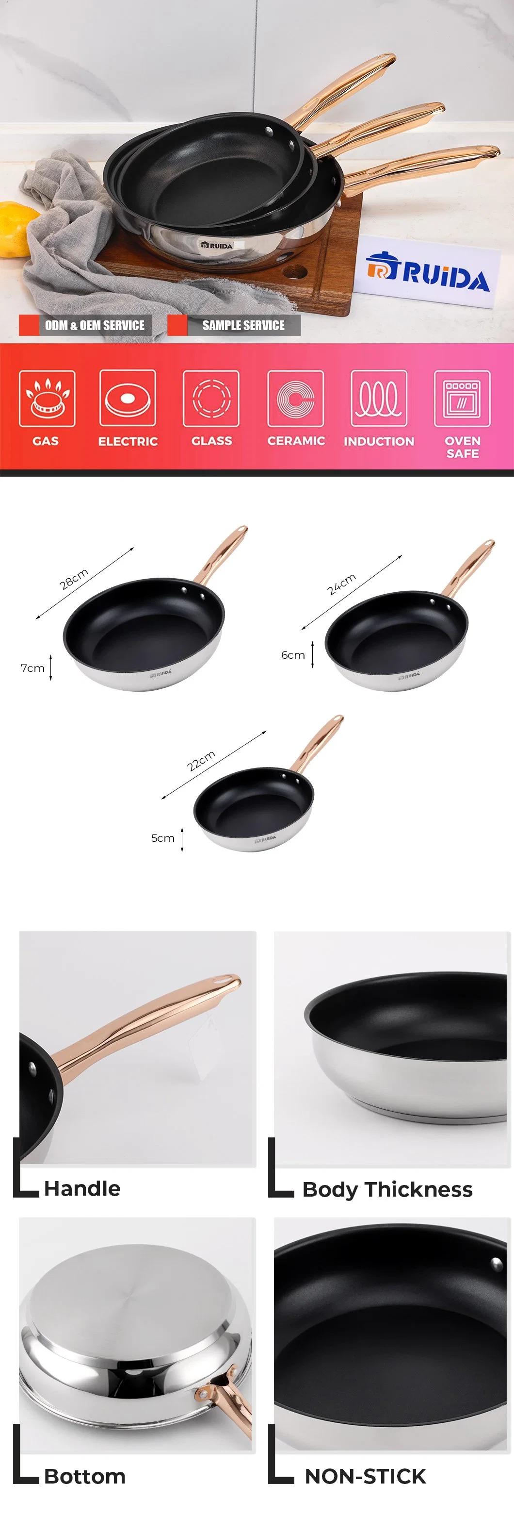 Stainless Steel Cookware Frying Pan with Gold Plated Handle Cooking Pot