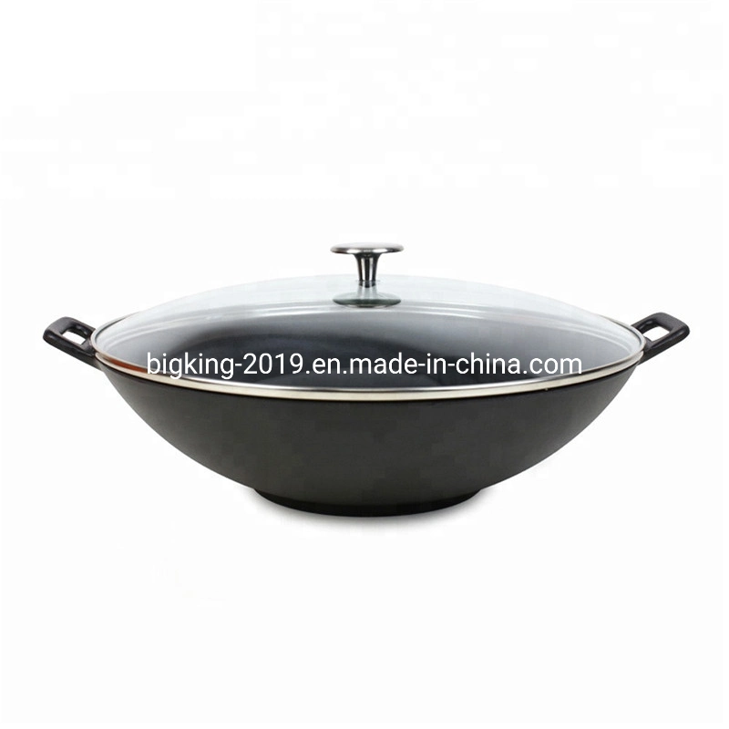 Hand Make Non-Stick Cookware Pre-Seasoned Cast Iron Round Bottom Wok with Double Handle