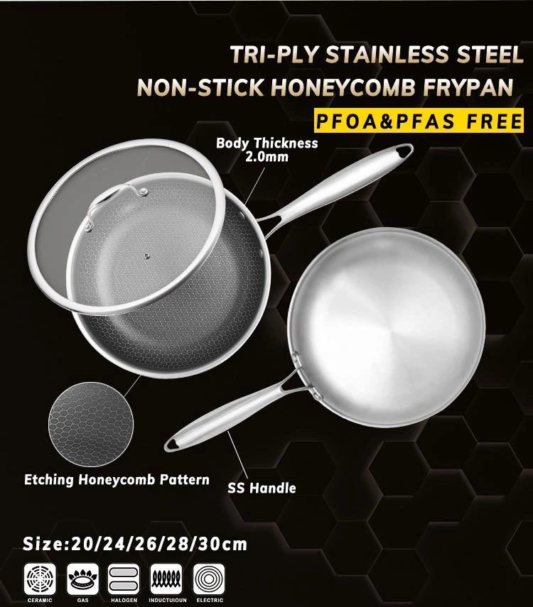 Professional Quality Try-Ply Stainless Steel Non Stick Honeycomb 26-30cm Round Frying Pan with Lid