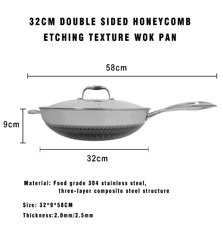 Honeycomb Non Stick Kitchenware Wok Pan 3 Ply Stainless Steel Wok
