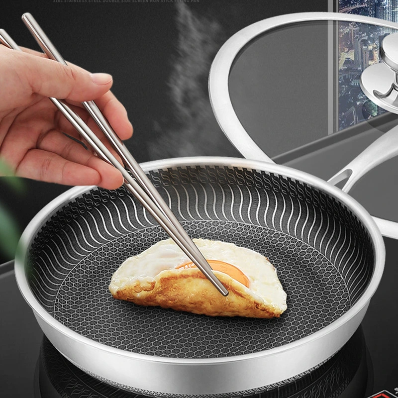 12 Inch Heavy Duty 304 Stainless Steel Nonstick Frying Pan with Glass Lidtriply Stir Kitchenware Wok for Gas and Induction Stovetops