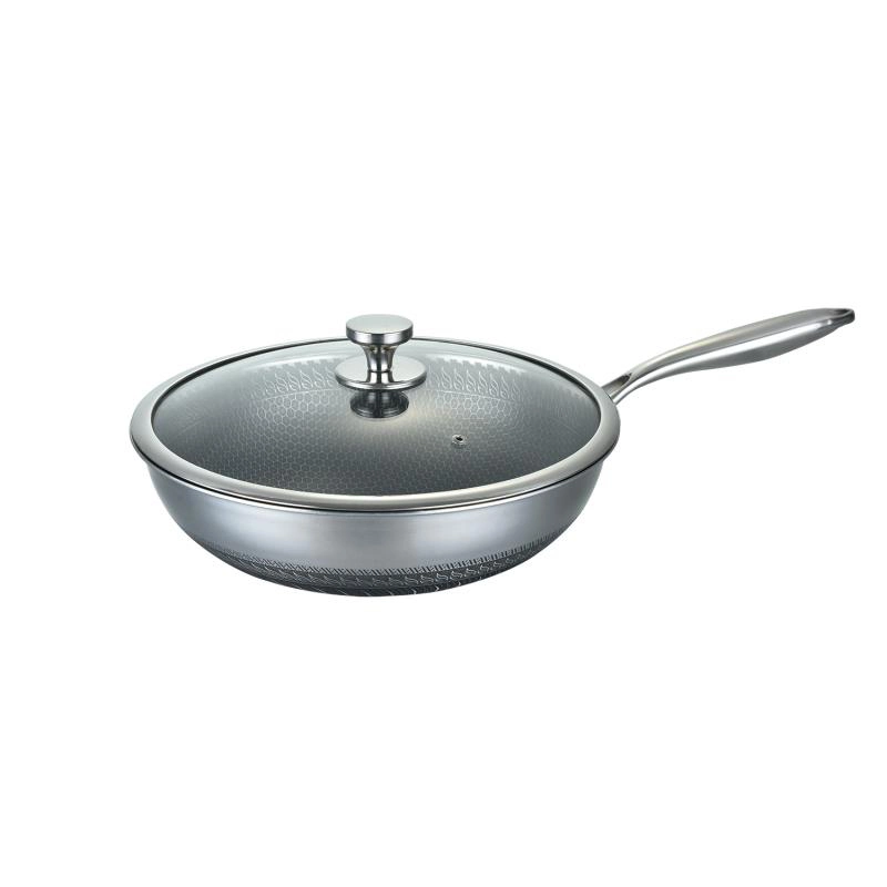 Stainless Steel Wok Pan with Handle and Glass Lid Non Stick