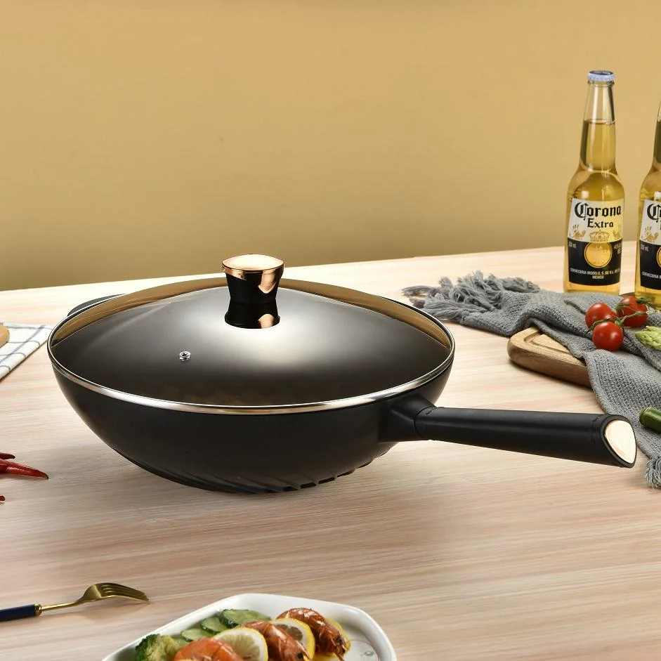 Chinese Style Non-Stick Frying Pan with Glass Lid and Bakelite Handle