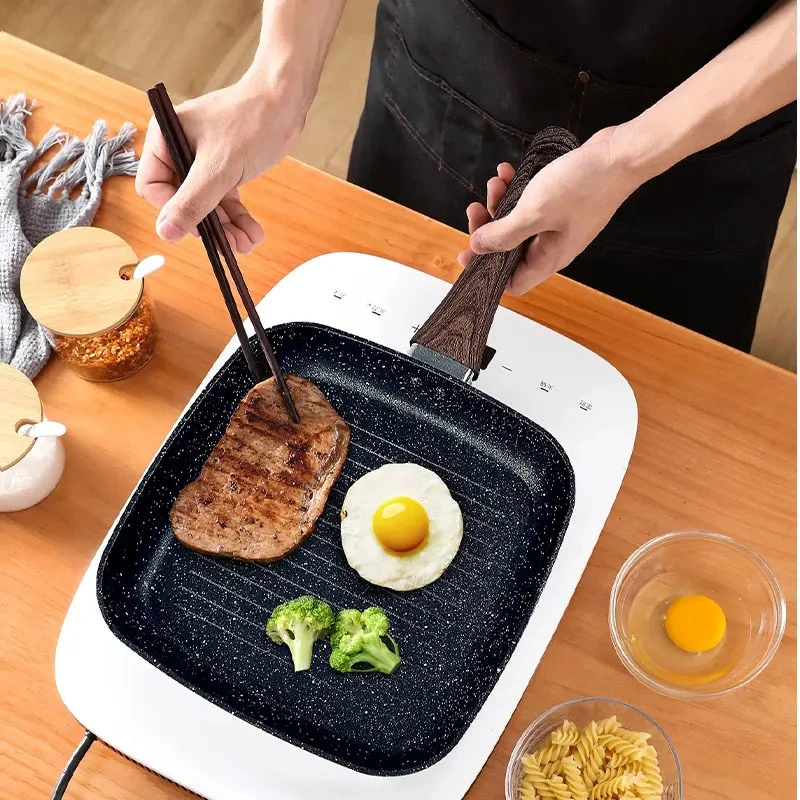 Factory Wholesale OEM 24/28cm Forged Aluminum Nonstick Marble Coating Square Grill Pan Fry Pan Wooden Handle Granite Griddle Frying Pans