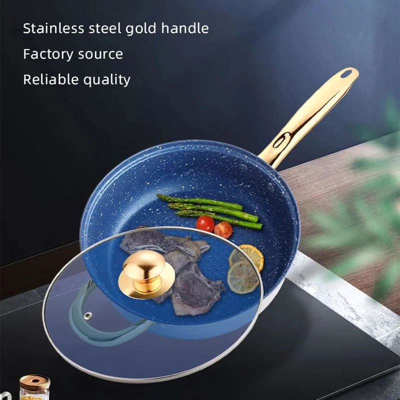 Factory Wholesale 22/24/26cm Non Stick Frying Pan Blue Glass Lid Stainless Steel Kitchen Cook Pans Cookware Cooking Fry Pan with Golden Handle