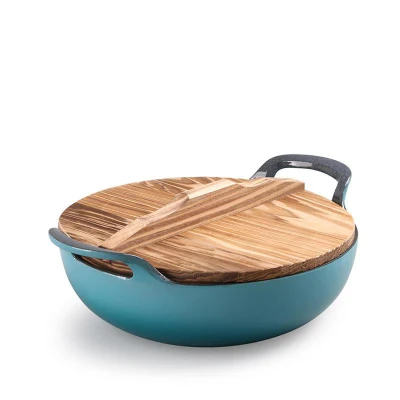 Cucina Extra Large Induction 30 32 34 36cm cottura friggere Teglie in ghisa con coperchio in legno