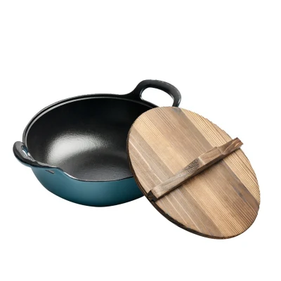Cucina Extra Large Induction 30 32 34 36cm cottura friggere Teglie in ghisa con coperchio in legno