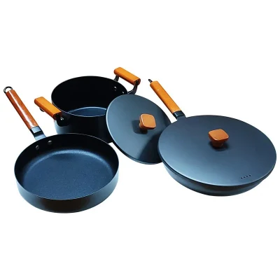 Wok in ghisa senza rivestimento e padella, tradizionali Wok cinesi fatti a mano con manico in legno Wok
