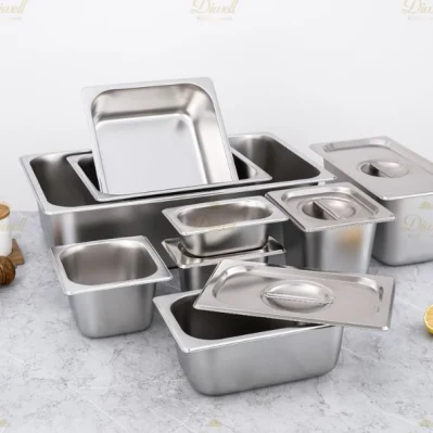 Contenitori commerciali per alimenti in acciaio inox 2cm 4 cm 6,5 cm 2.6&quot; Profondità 10cm 15cm 6 pollici profondità 20 cm altezza 22 Calibro/1/2 Gn Pan. Stile europeo 0,7 mm