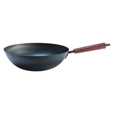 Wok in ghisa senza rivestimento e padella, tradizionali Wok cinesi fatti a mano con manico in legno Wok