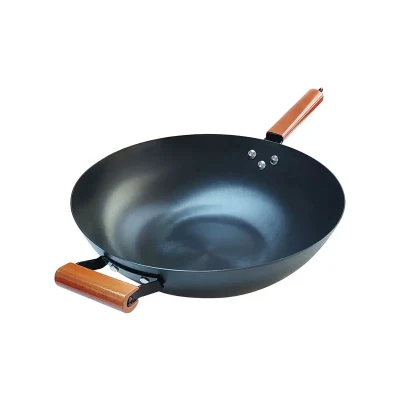 Wok in ghisa senza rivestimento e padella, tradizionali Wok cinesi fatti a mano con manico in legno Wok