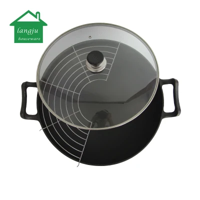 Wok in ghisa prestagionato con coperchio in vetro