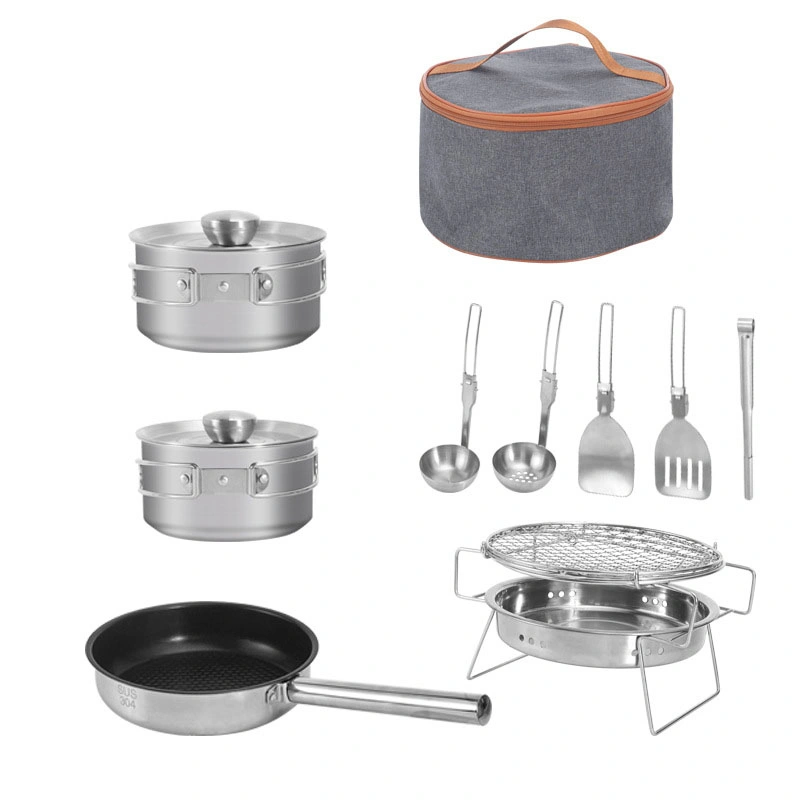 9PCS Outdoor Camping Hiking Cookware Set Portable Stainless Steel Kitchen Cooking Pan