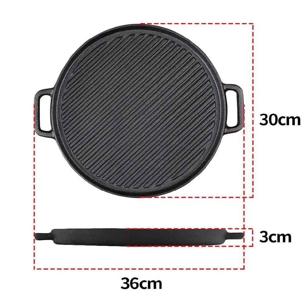 Pre-Seasoned Round Cast Iron Large Griddle Pan Double-Sided Grill Plate Steak Pan with Handles