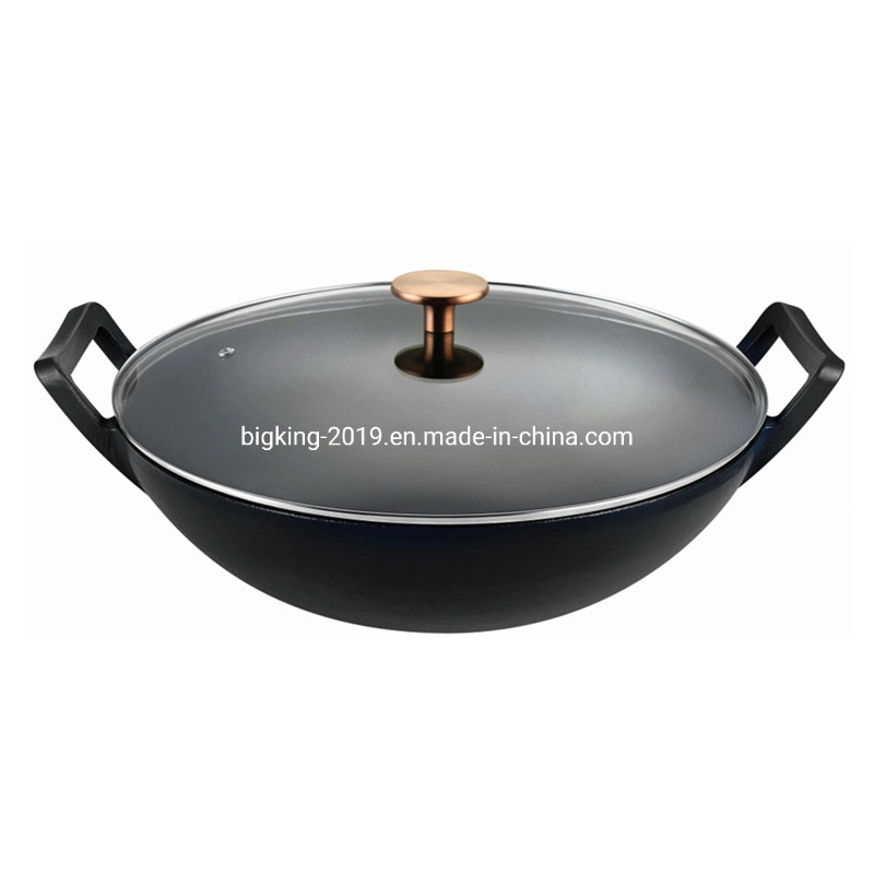 Hot Sale 32/34/36 Cm Pre-Seasoned Cast Iron Wok with Wooden or Glass Lid