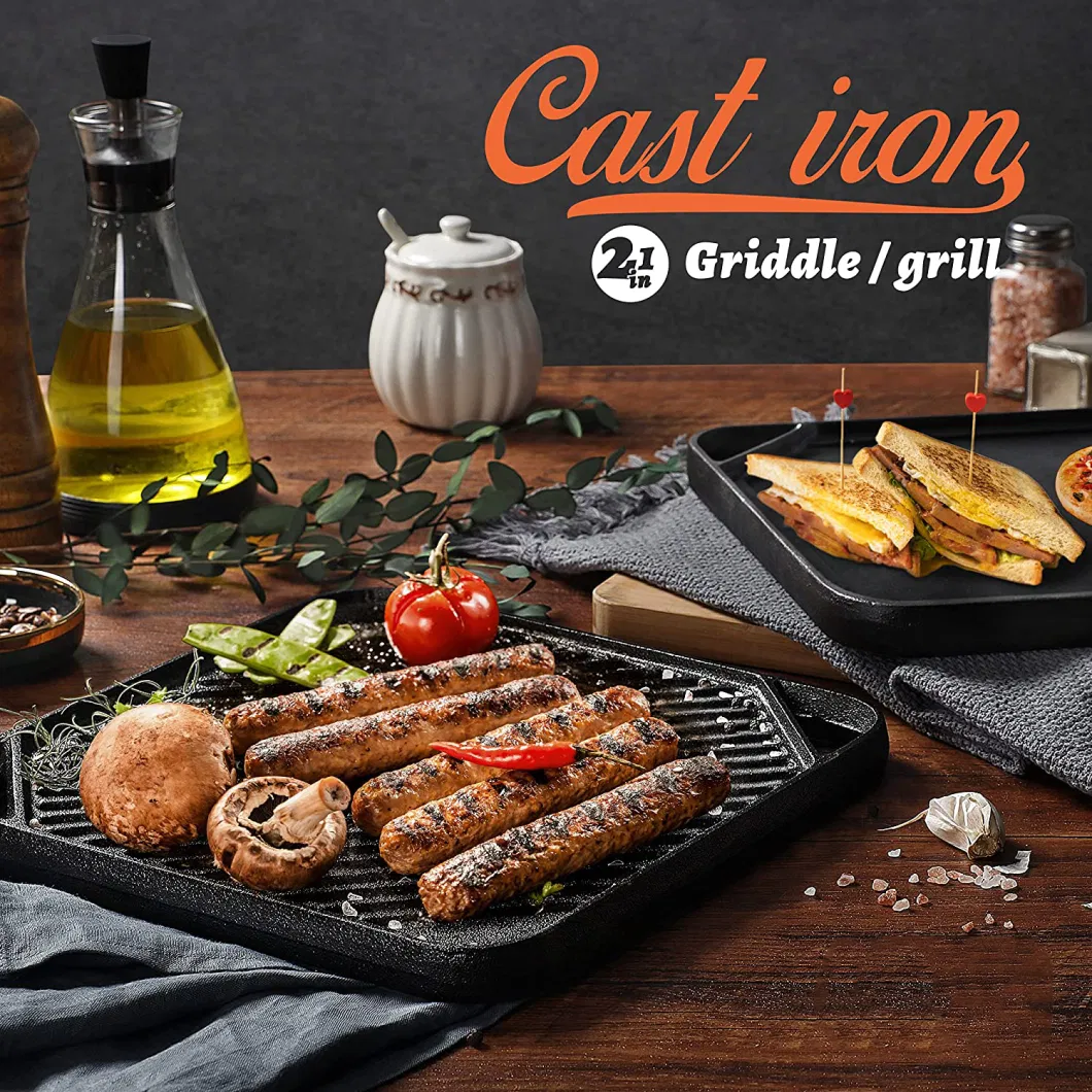 Cast Iron Griddle / Grill and Skillet Pan Square Portable for Indoor Stovetop or Outdoor Camping BBQ