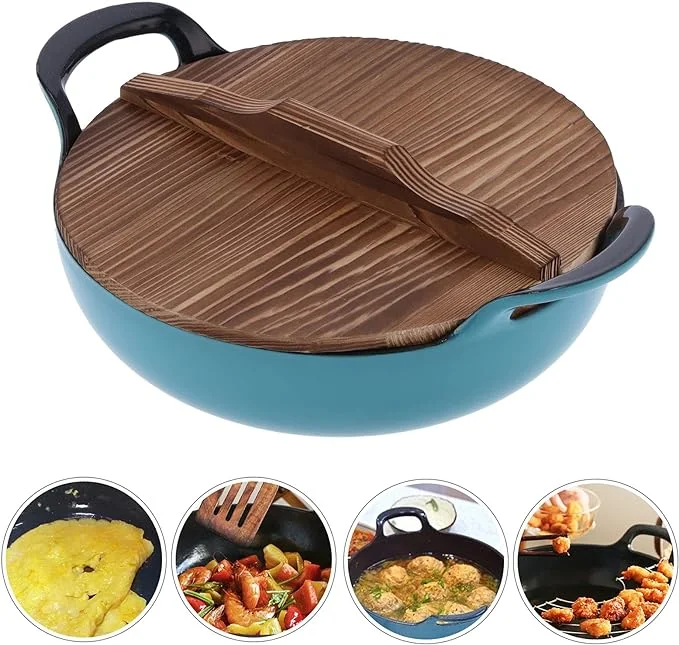 Kitchen Extra Large Induction 30 32 34 36cm Cooking Frying Cast Iron Wok Pan with Wooden Lid