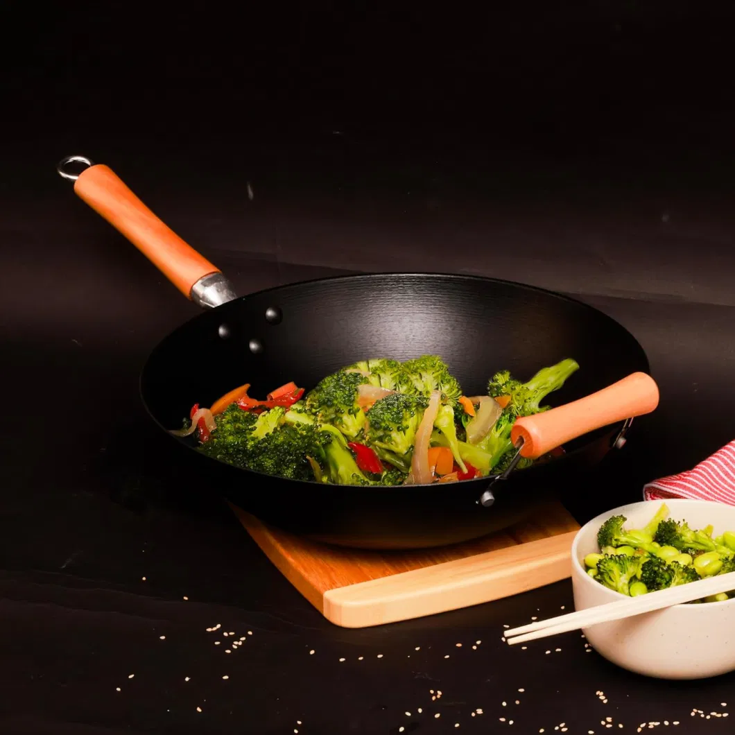 Hot Sell Thick Custom Size New Chines Die Nonstick Cast Iron Wok Pans Wooden Handle