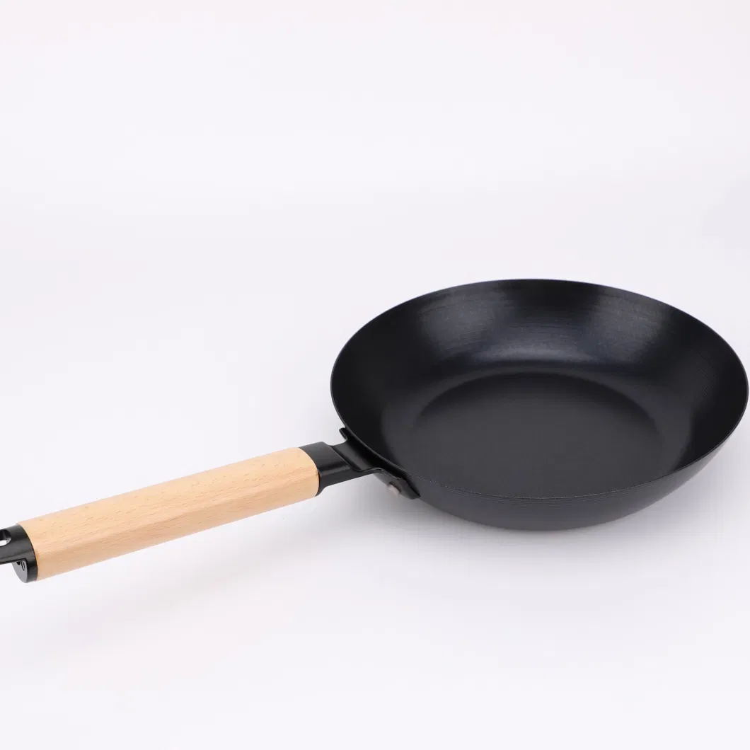 Eco-Friendly 24cm 28cm Carbon Steel Frying Pan with Wooden Handle