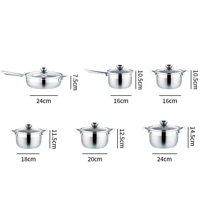 Wholesale OEM 18 10 Stainless Steel Cookware Set 12 PCS Cooking Pan Set Kitchenware with Glass Lid