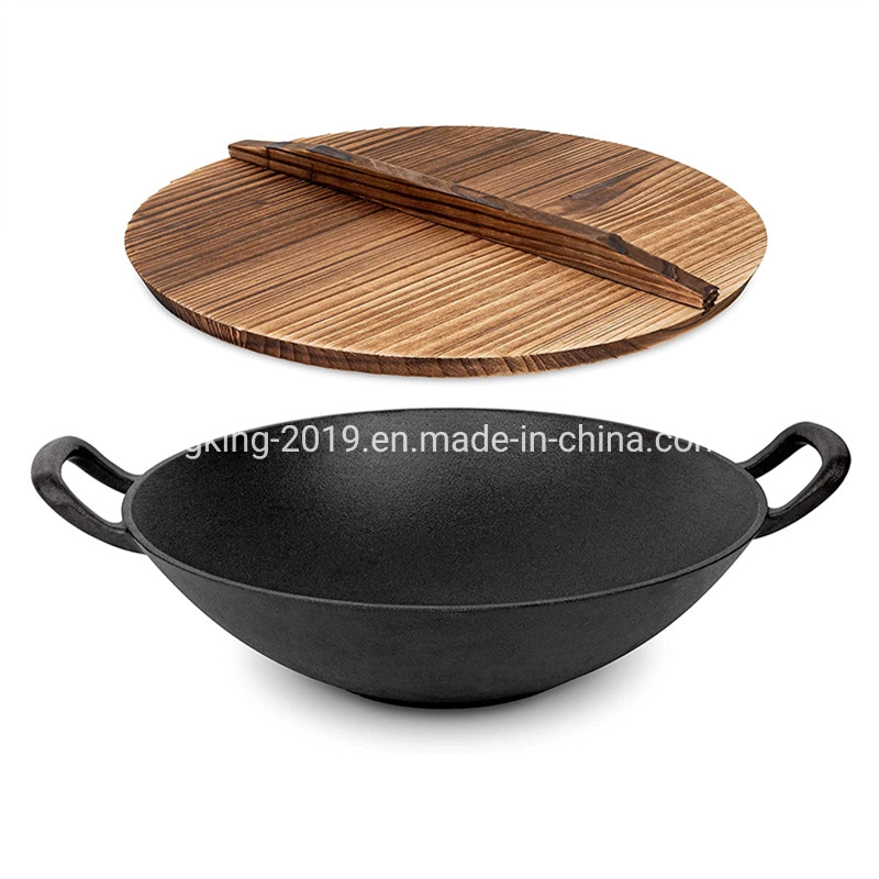 Pre-Seasoned Cast Iron Wok, Black, 13-Inch W/ Large Loop Handles &amp; Flat Base with Wooden Lid