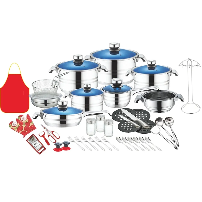 50PCS Stainless Steel Induction Cookware Sets for Home Use Factory Wholesale Cheap Kitchenware Blue Glass Lid Cooking Pot Fry Pan