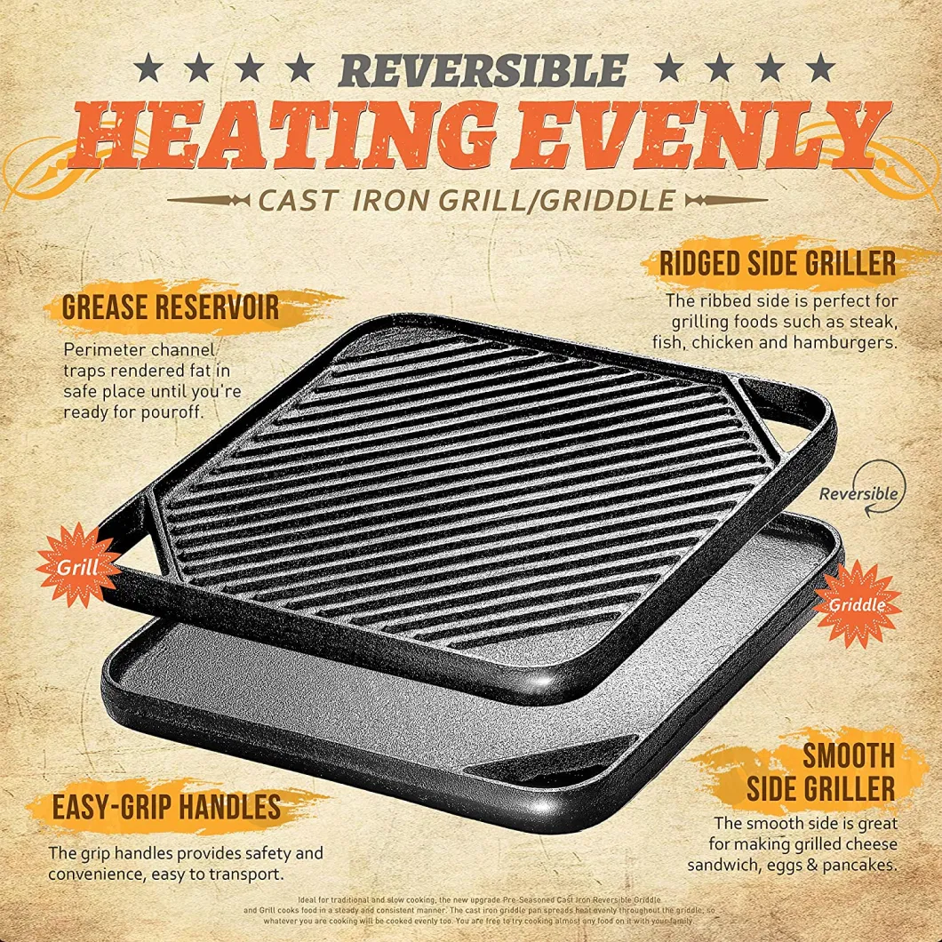 Cast Iron Griddle / Grill and Skillet Pan Square Portable for Indoor Stovetop or Outdoor Camping BBQ