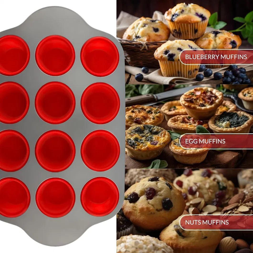 Boxiki Kitchen Non-Stick 12 Cup Silicone Muffin Pan with Steel Frame - BPA Free, Non-Toxic, Anti-Warp, Durable &amp; Easy to Pop Silicone Muffin Tin - Perfect Cupc