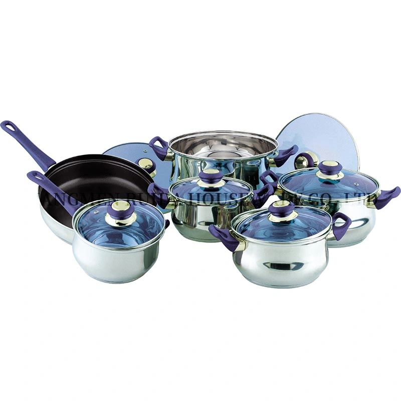 12PCS Kitchen Cookware Set Cooking Pots Pans with Glass Cover Stainless Steel Cook Ware Set