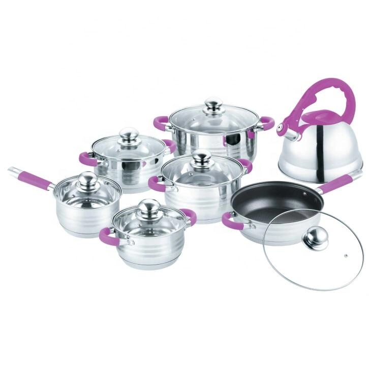 Cost-Effective 13PCS Stainless Steel Cookware Set with Whistling Kettle, Induction Kitchenware with Pots and Fry Pans Popular in South America for Any Cooktops