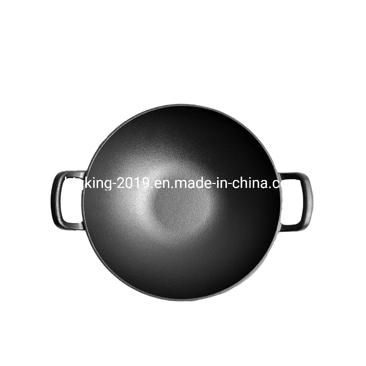 Pre-Seasoned Cast Iron Wok, Black, 13-Inch W/ Large Loop Handles &amp; Flat Base with Wooden Lid