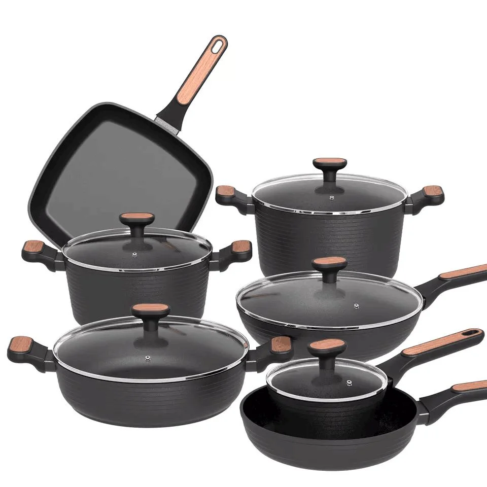Line Style Series Black Aluminium Cookware Sets Withsoft Touch Bakelite Handle Pots and Pans with Induction Bottom