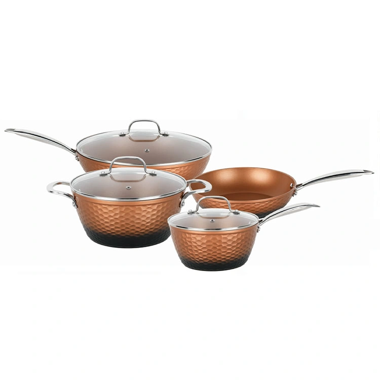 Factory Customized Copper Cooking Set Stainless Steel Cookware Set Pots and Pans with Hammer Pattern Design