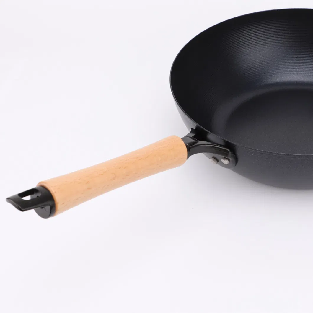 Stock Nonstick Chinese Carbon Steel Wok Pan with Wooden Handle