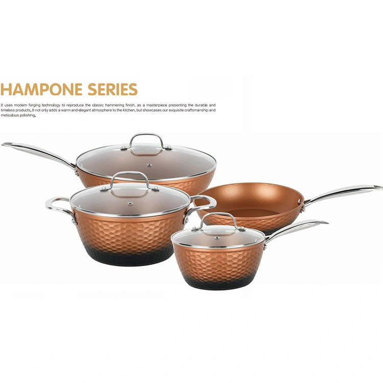 Factory Customized Copper Cooking Set Stainless Steel Cookware Set Pots and Pans with Hammer Pattern Design