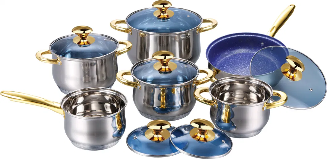 10PCS Stainless Steel Cookware Set with Golden Handles and Blue Glass Lid, Metal Pots and Fry Pans, South American Induction Kitchenware for Any Cooktops