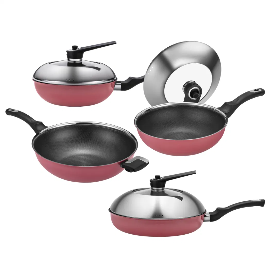 4PCS Frying Pan&Wok Cookware Set Non-Stick Coating Stainless Steel Outer Ceramic Layer