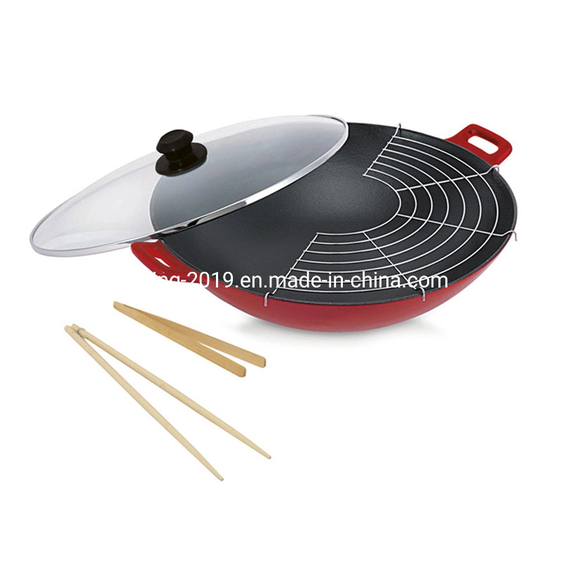 Hand Make Non-Stick Cookware Pre-Seasoned Cast Iron Round Bottom Wok with Double Handle