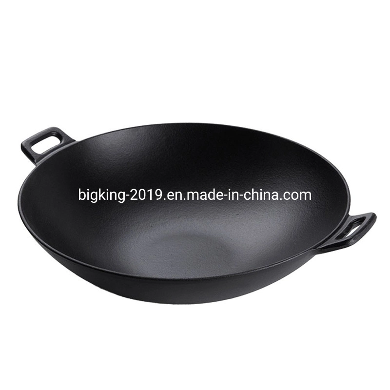 Hand Make Non-Stick Cookware Pre-Seasoned Cast Iron Round Bottom Wok with Double Handle