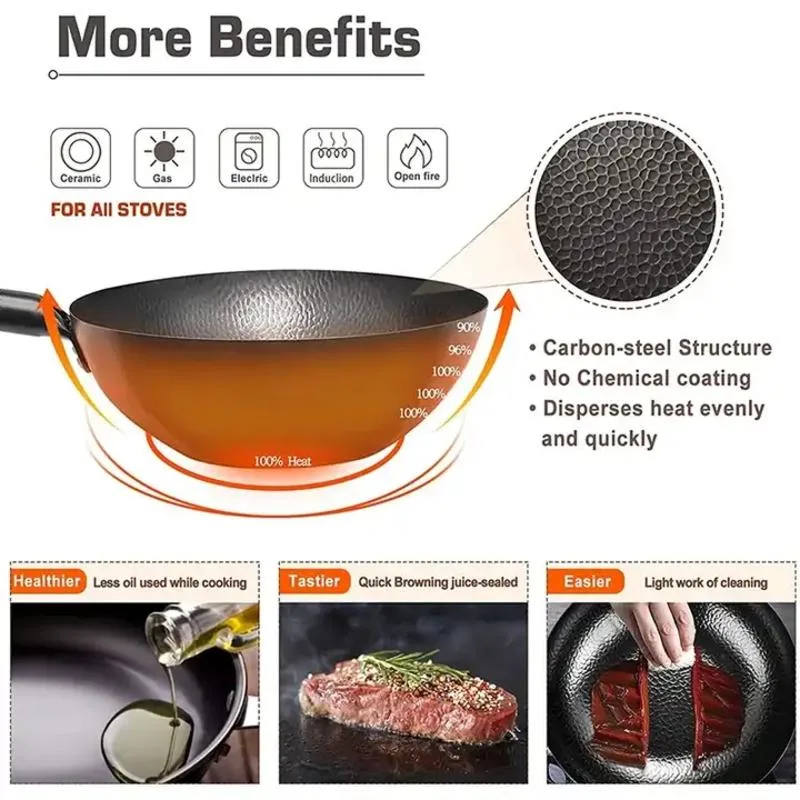 High Quality Handmade Iron Wok Non-Stick Carbon Steel Wok Pan Non-Coating Chinese Wok